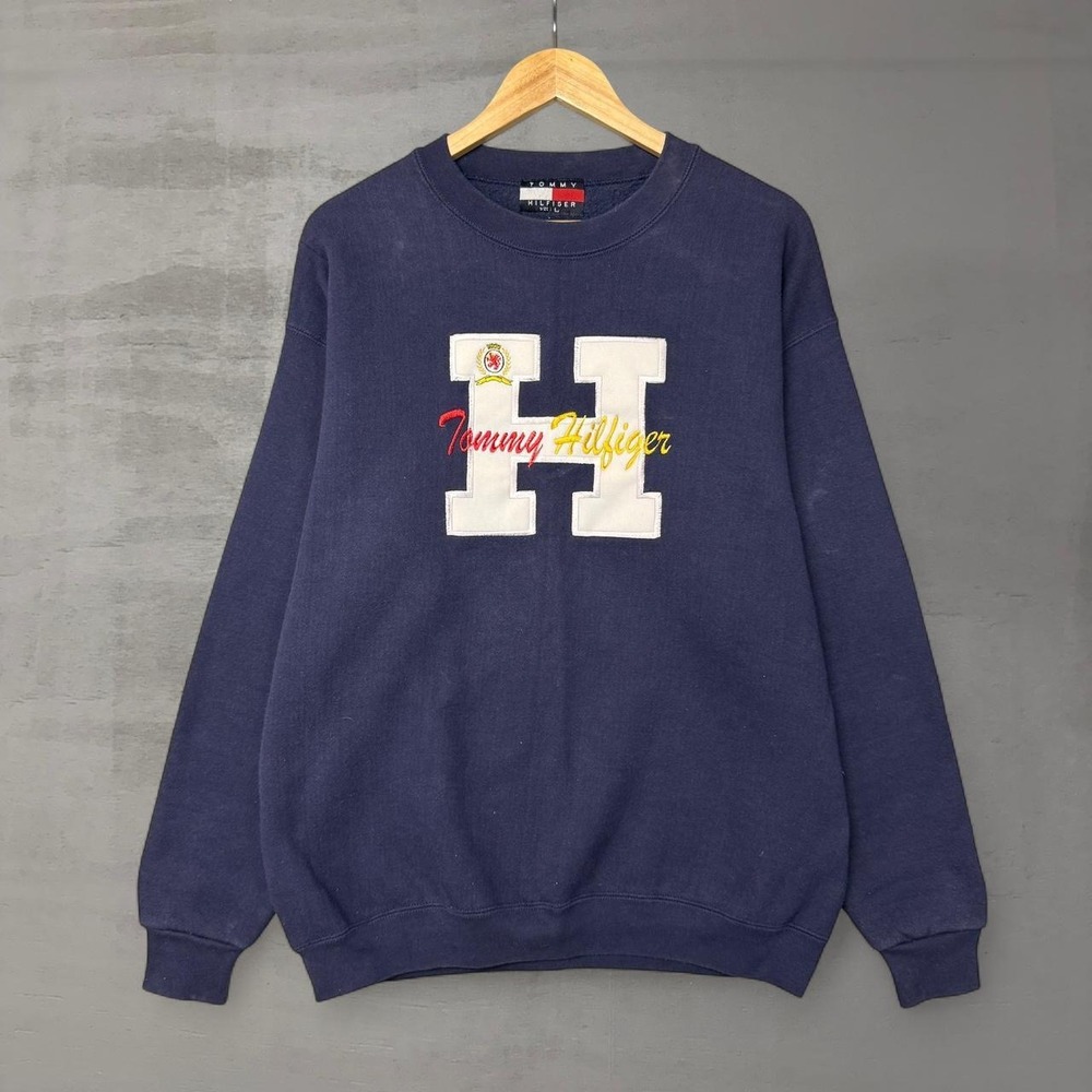 Vintage Tommy Hilfiger Navy Blue‎ Embroixered Sweatshirt Men Size Large